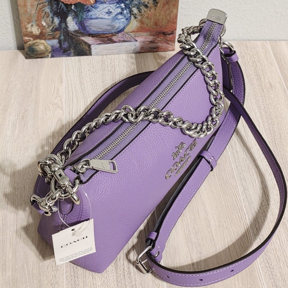 Coach Charlotte Shoulder Bag Pebbled Leather Crossbody Purple Iris Silver chain - Picture 11 of 16
